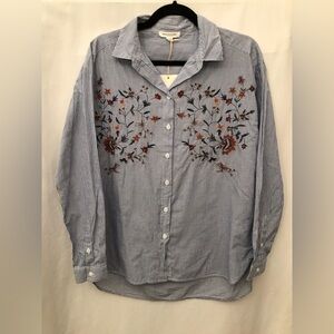 Beach Lunch Lounge Lena Top Small Blue Striped Floral Embroidered Shirt